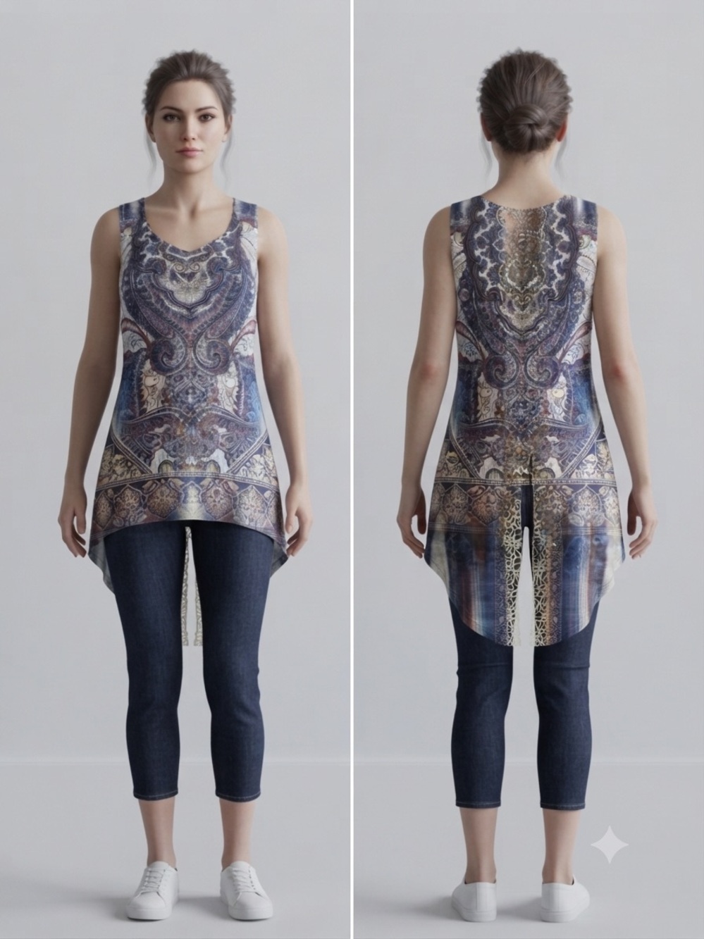 Sleeveless Paisley-Print High-Low Tunic Top - Blue